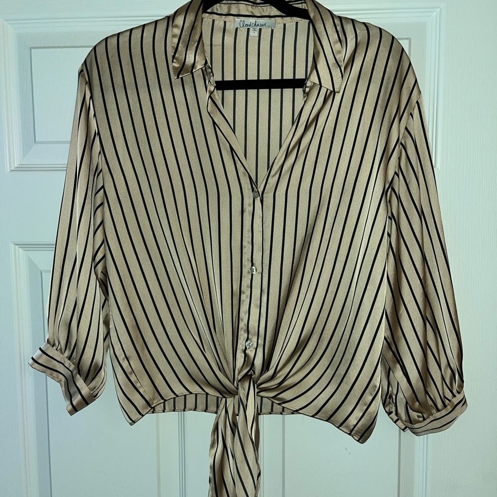 Cloud Chaser Satin Beige and Black Striped Button Down Shirt